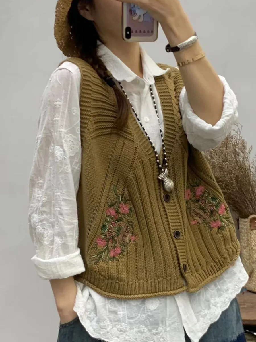 Women Vintage Floral Embroidery V-neck Knitted Vest