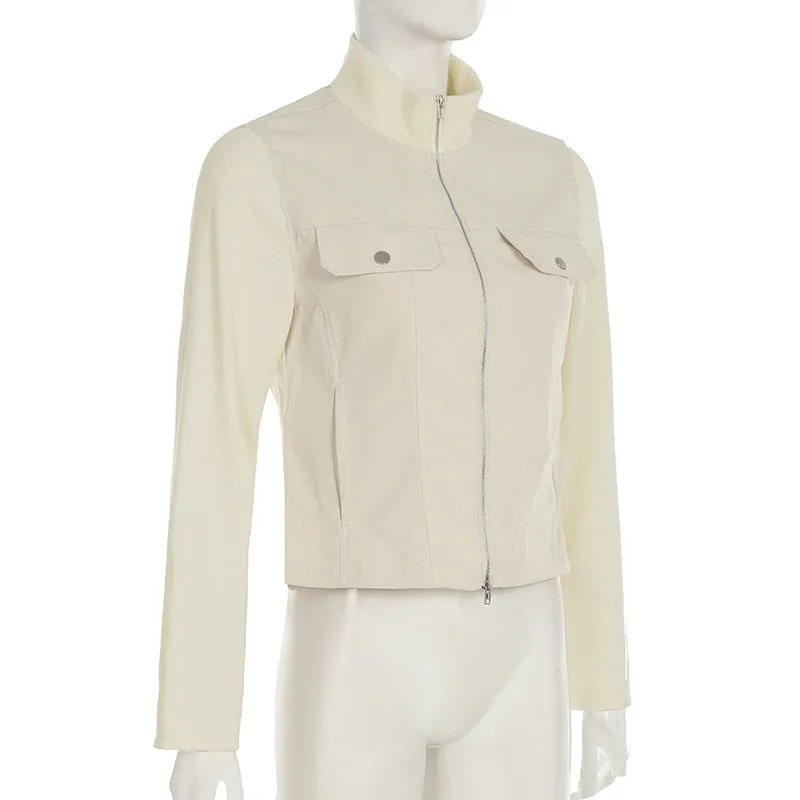 Women's Autumn and Winter New Style Patchwork Ribbed Stand Collar Double-Zip Jacket with Pocket Decoration, Cardigan and Workwear Style C-241219-2