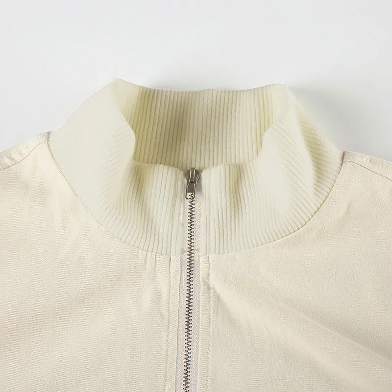 Women's Autumn and Winter New Style Patchwork Ribbed Stand Collar Double-Zip Jacket with Pocket Decoration, Cardigan and Workwear Style C-241219-2