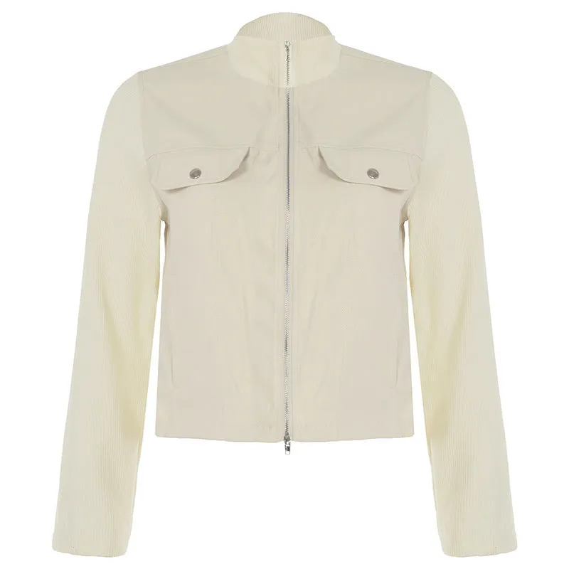 Women's Autumn and Winter New Style Patchwork Ribbed Stand Collar Double-Zip Jacket with Pocket Decoration, Cardigan and Workwear Style C-241219-2