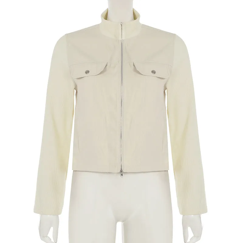 Women's Autumn and Winter New Style Patchwork Ribbed Stand Collar Double-Zip Jacket with Pocket Decoration, Cardigan and Workwear Style C-241219-2