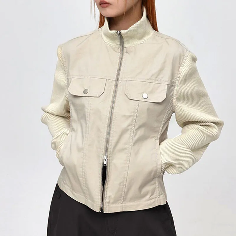 Women's Autumn and Winter New Style Patchwork Ribbed Stand Collar Double-Zip Jacket with Pocket Decoration, Cardigan and Workwear Style C-241219-2