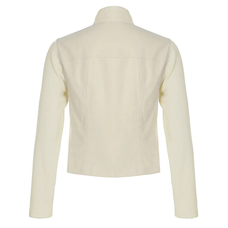 Women's Autumn and Winter New Style Patchwork Ribbed Stand Collar Double-Zip Jacket with Pocket Decoration, Cardigan and Workwear Style C-241219-2