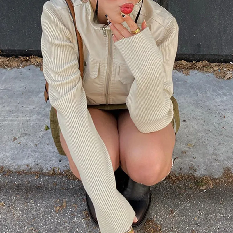 Women's Autumn and Winter New Style Patchwork Ribbed Stand Collar Double-Zip Jacket with Pocket Decoration, Cardigan and Workwear Style C-241219-2