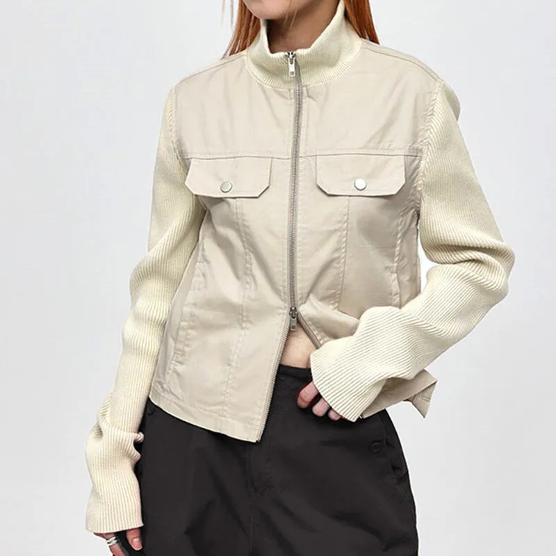 Women's Autumn and Winter New Style Patchwork Ribbed Stand Collar Double-Zip Jacket with Pocket Decoration, Cardigan and Workwear Style C-241219-2
