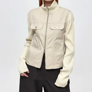 Women's Autumn and Winter New Style Patchwork Ribbed Stand Collar Double-Zip Jacket with Pocket Decoration, Cardigan and Workwear Style C-241219-2
