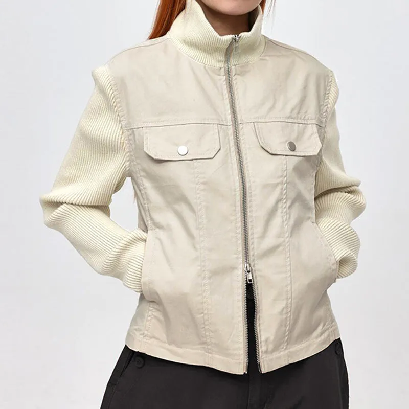 Women's Autumn and Winter New Style Patchwork Ribbed Stand Collar Double-Zip Jacket with Pocket Decoration, Cardigan and Workwear Style C-241219-2