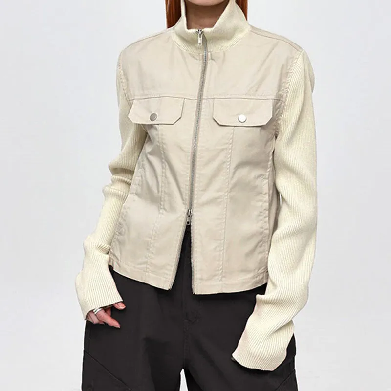 Women's Autumn and Winter New Style Patchwork Ribbed Stand Collar Double-Zip Jacket with Pocket Decoration, Cardigan and Workwear Style C-241219-2