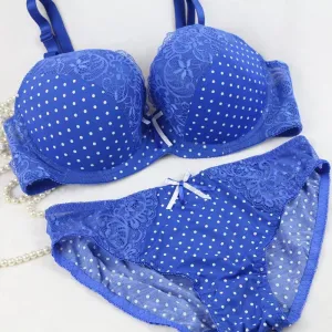 Women's Fashion Bra Set Push Up Vs Plus Size 85-95 C D Cup Blue Lingerie Bow Bra Panty Set