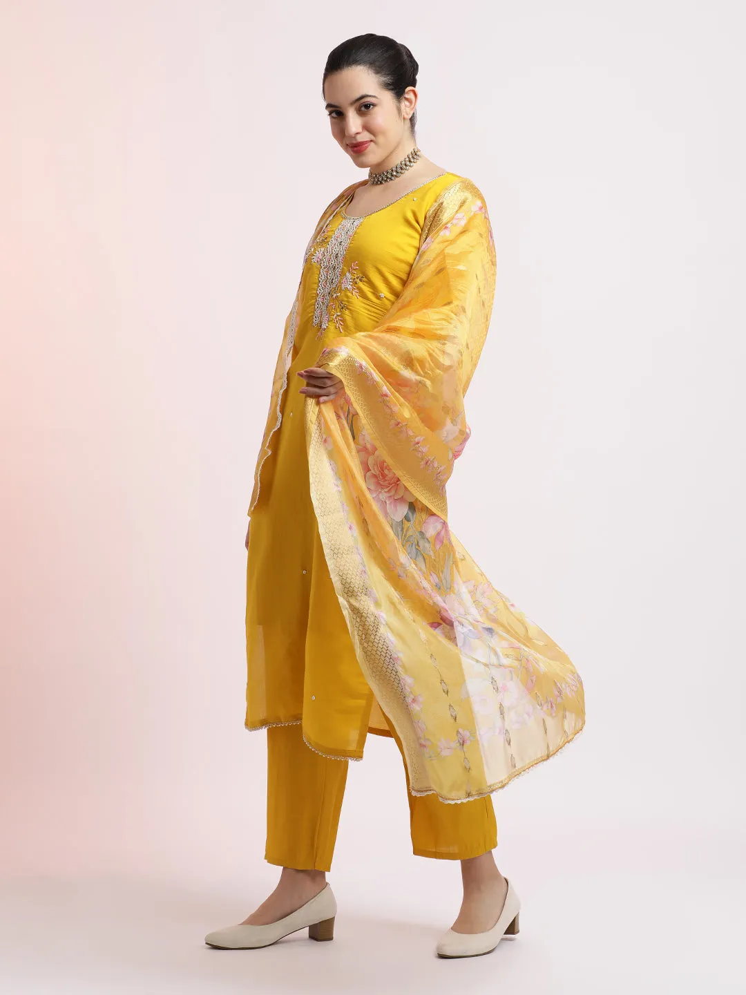 Yellow Embroidered Cotton Festive Kurta Set With Dupatta
