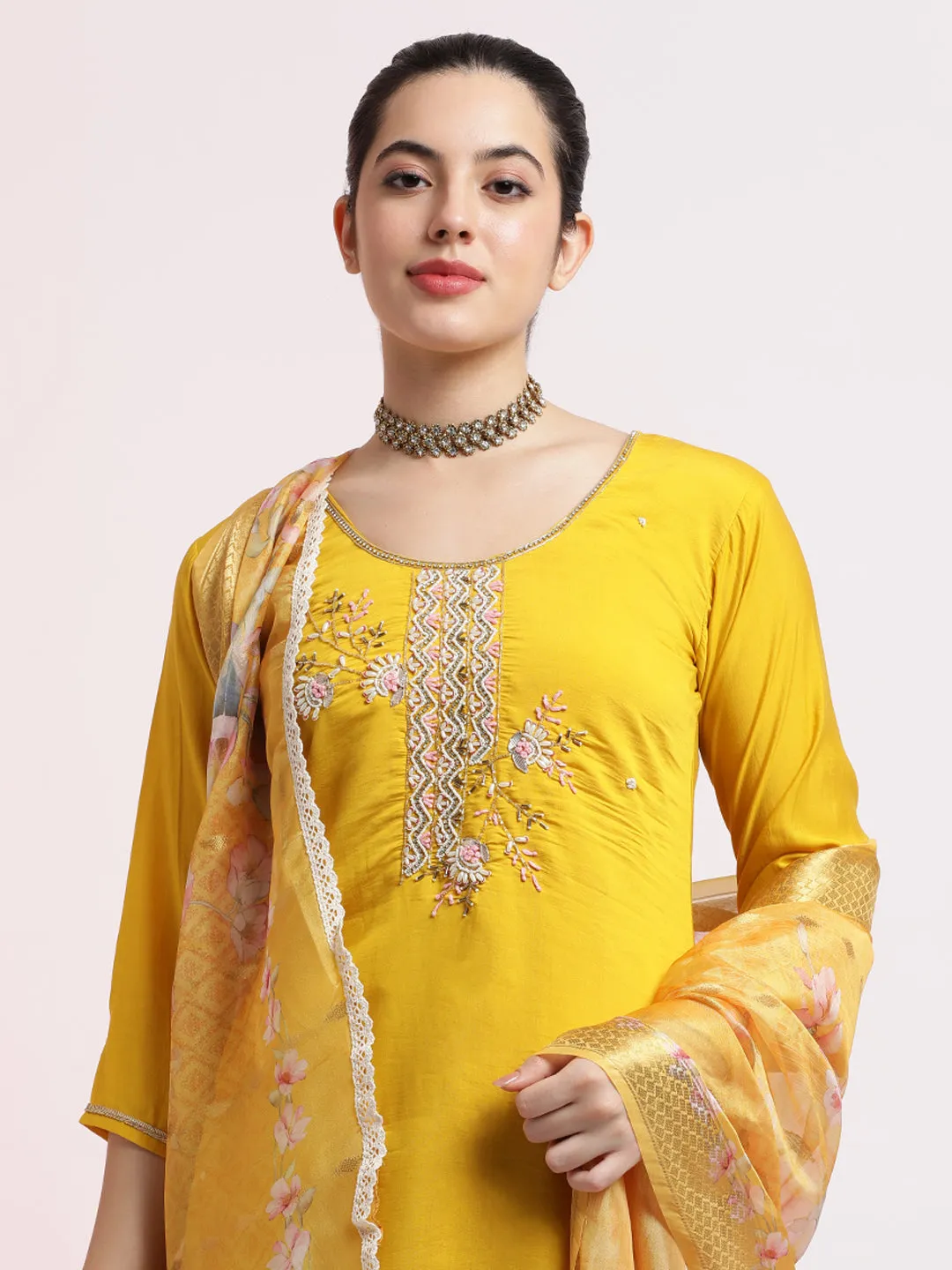 Yellow Embroidered Cotton Festive Kurta Set With Dupatta