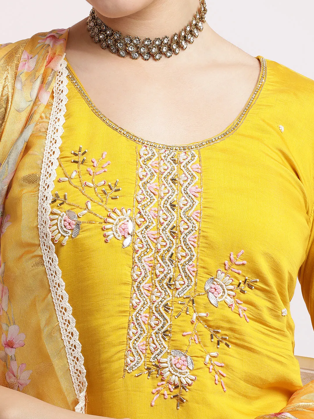 Yellow Embroidered Cotton Festive Kurta Set With Dupatta