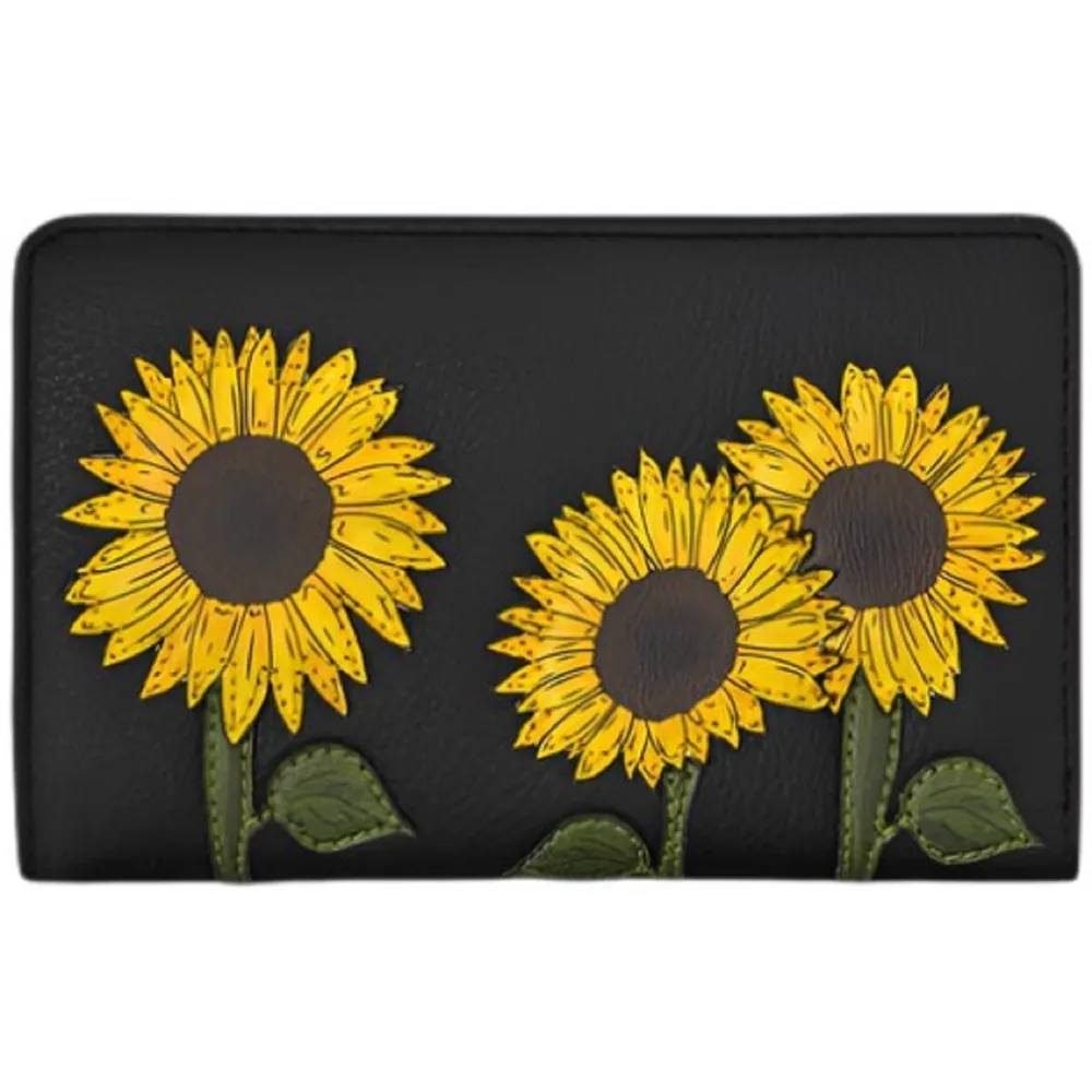 Yoshi Sunflowers Zip Around Black Leather Purse