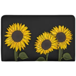 Yoshi Sunflowers Zip Around Black Leather Purse