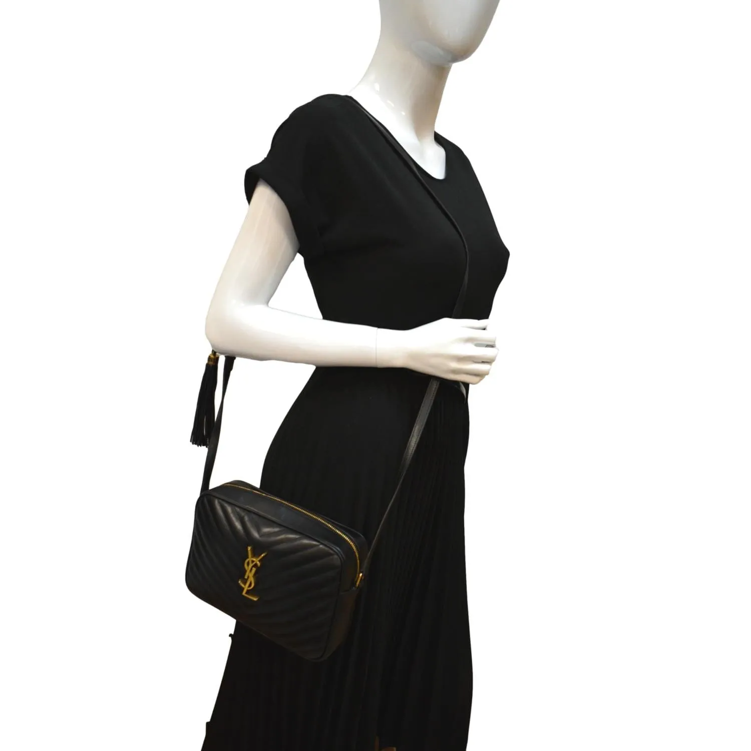 YVES SAINT LAURENT Lou Chevron Leather Camera Crossbody Bag Black